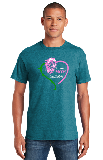 Columbus Ohio Mother's Day Race Shirt - Heather Galapagos Blue With Full Color Heart I LOVE MOM Print 1mi, 5k and 10k