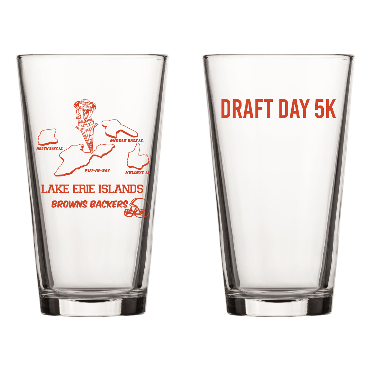 Draft Day 5k Pint Glass For All Participants - Cleveland Browns Pint Glass - Put-in-Bay, Ohio 5k - Lake Erie Islands Browns Backers
